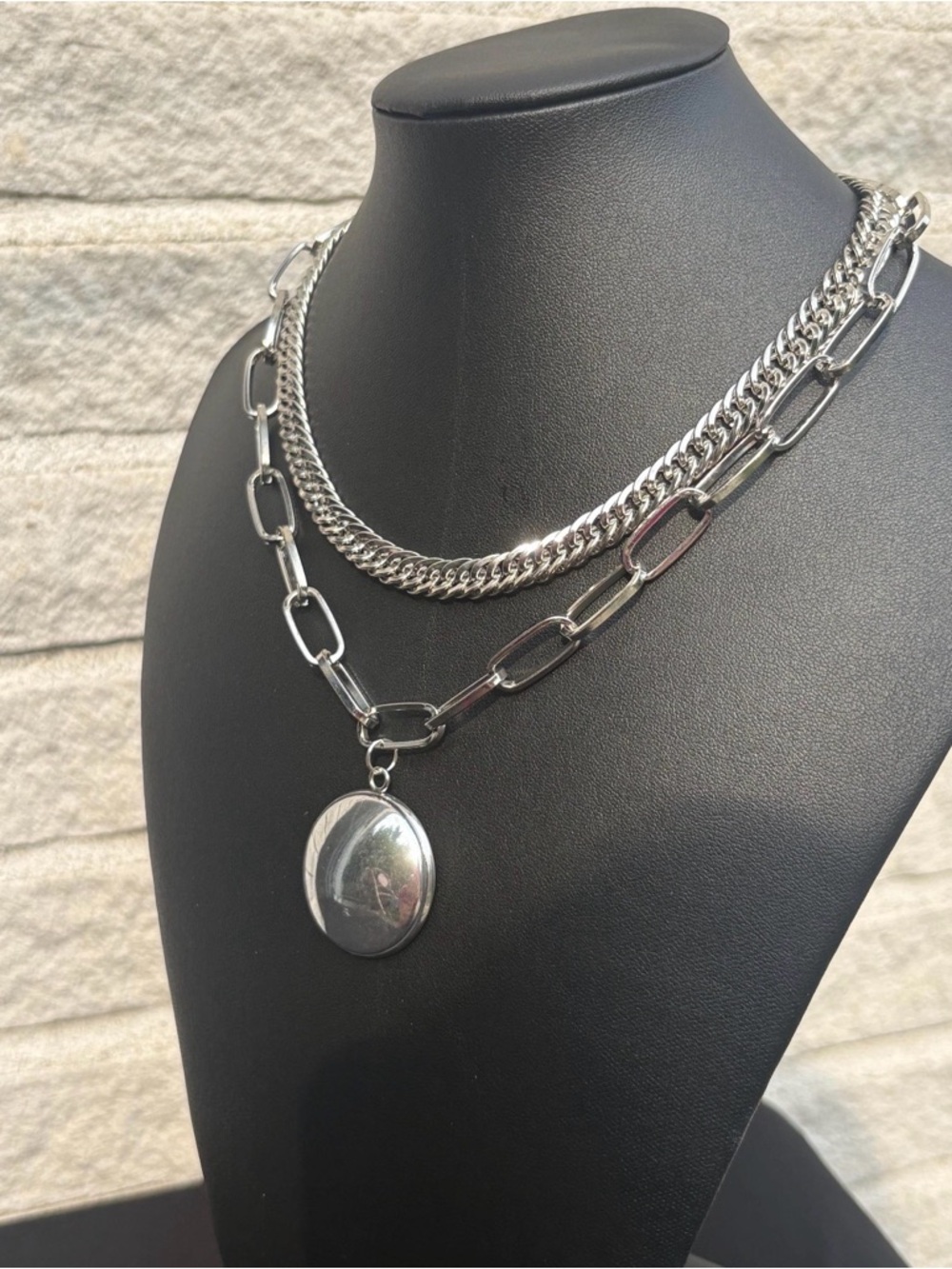 Silver Layered Chain Necklace with Round Pendant - Picture 4 of 6